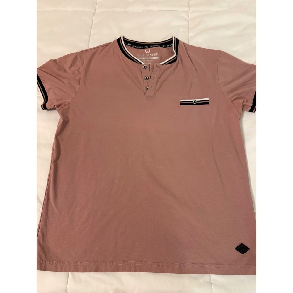 Nick Danger Mens XL Pink Short Sleeve Henley Shirt Striped Trim Cotton Blend - Picture 1 of 9